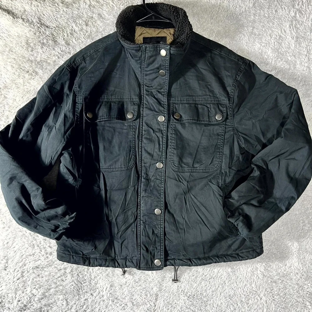 Banana Republic Canvas Jacket Mens Medium Black Sherpa Lined Collar‎ Full Zip